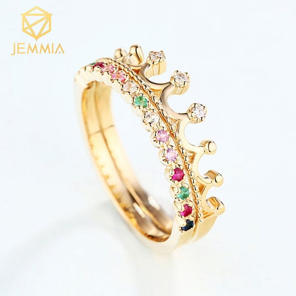 Nhẫn vương miện vàng đính đá cầu vồng