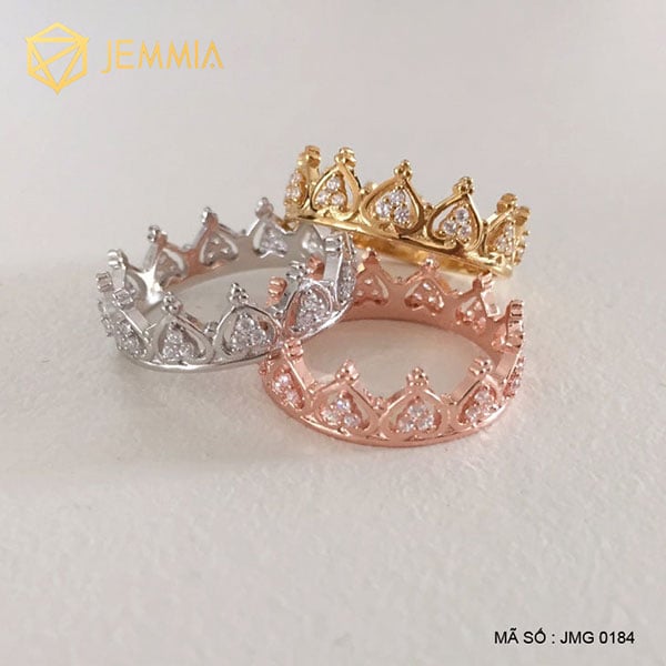 Nhẫn vương miện vàng trắng, vàng tây đính đá CZ