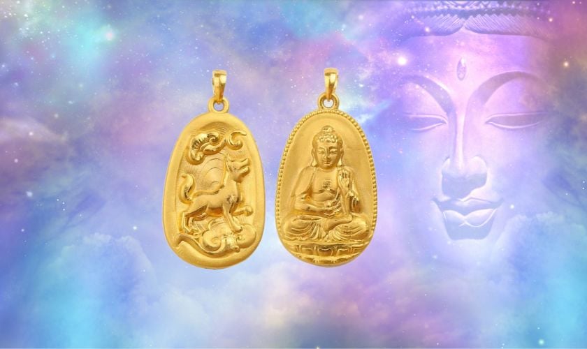 Mặt dây chuyền Phật A Di Đà bằng vàng 18K khắc họa kỳ lân