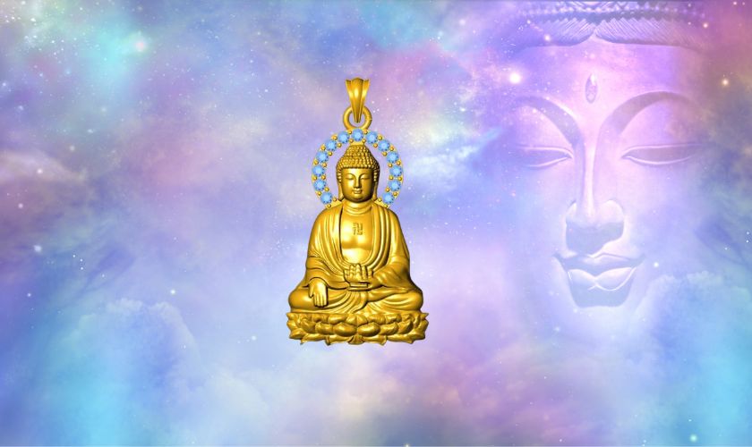 Mặt dây chuyền Phật A Di Đà bằng vàng 18K kết hợp đá quý xanh