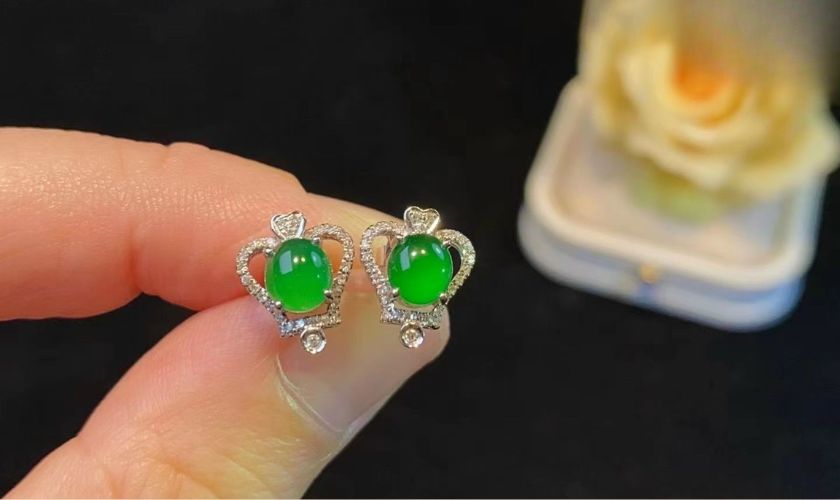 Bông tai đá Cẩm Thạch hạng A đính tấm vàng trắng tự nhiên