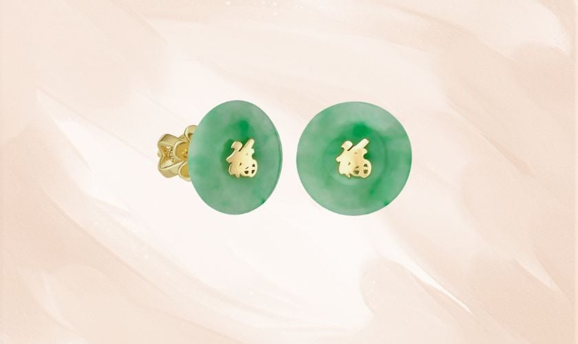 Bông tai đá Cẩm Thạch Vàng 18K hình bánh men