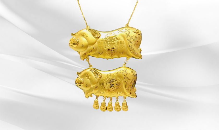 Mẫu dây chuyền heo vàng 24k hình ảnh đôi heo vàng thể hiện tình yêu đôi lứa, sự hòa hợp gia đình