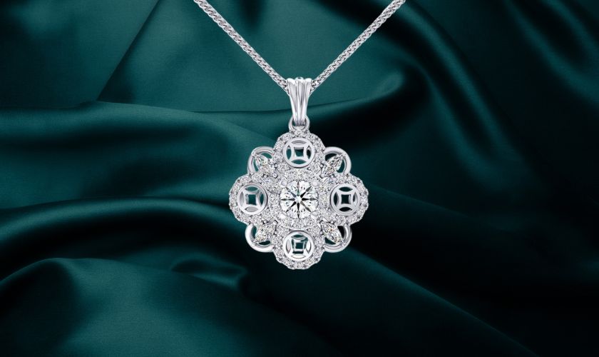 Dây chuyền vàng nữ 18k 1 chỉ mặt kim tiền đính đá