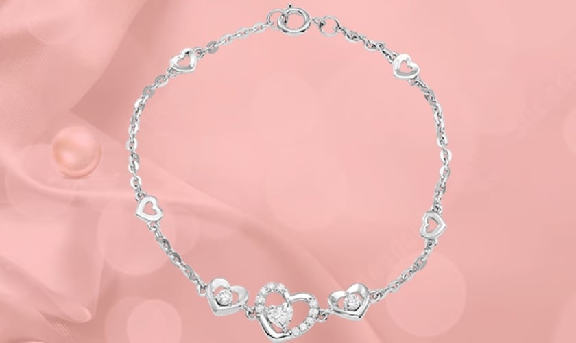 Mẫu lắc chân vàng trắng hình trái tim đính đá