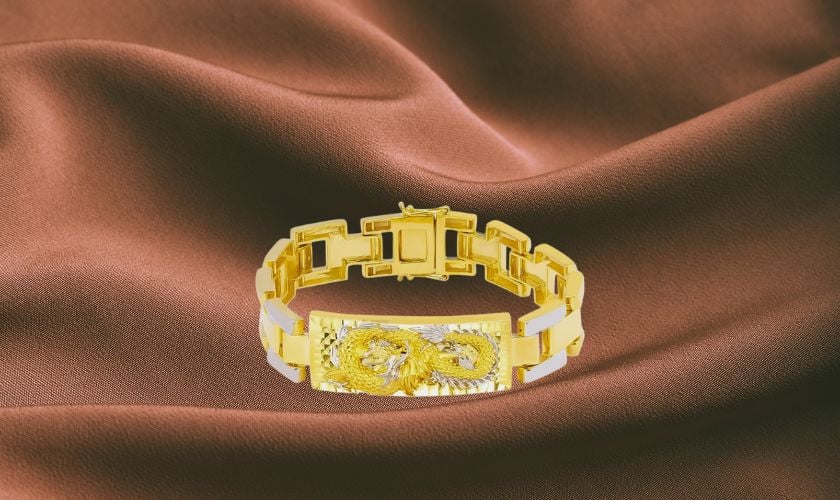 Lắc tay nam vàng 24K 5 chỉ kiểu dáng mắt xích đồng hồ và mặt dây hình rồng tinh xảo