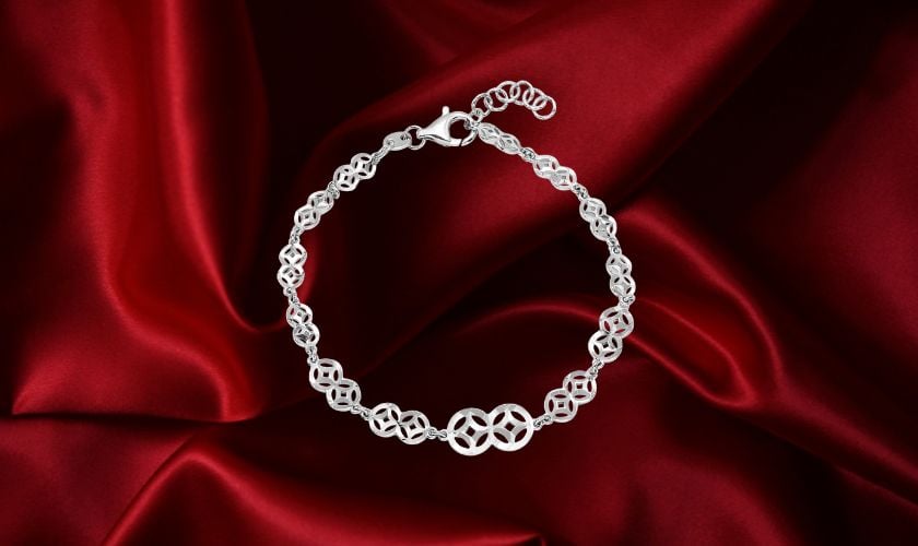 Lắc tay vàng trắng Ý 18K nữ mặt kim tiền