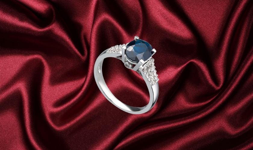 Nhẫn nữ vàng trắng 14K đính đá Sapphire xanh dương