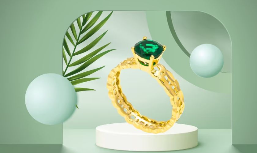 Nhẫn Kim Tiền Vàng Tây Đính Đá Xanh Ấn Tượng