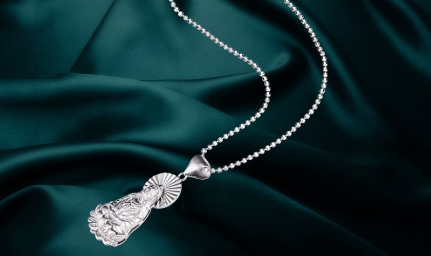 Mặt dây chuyền Vàng trắng Ý 18K hình Phật Bà ngồi tháp sen