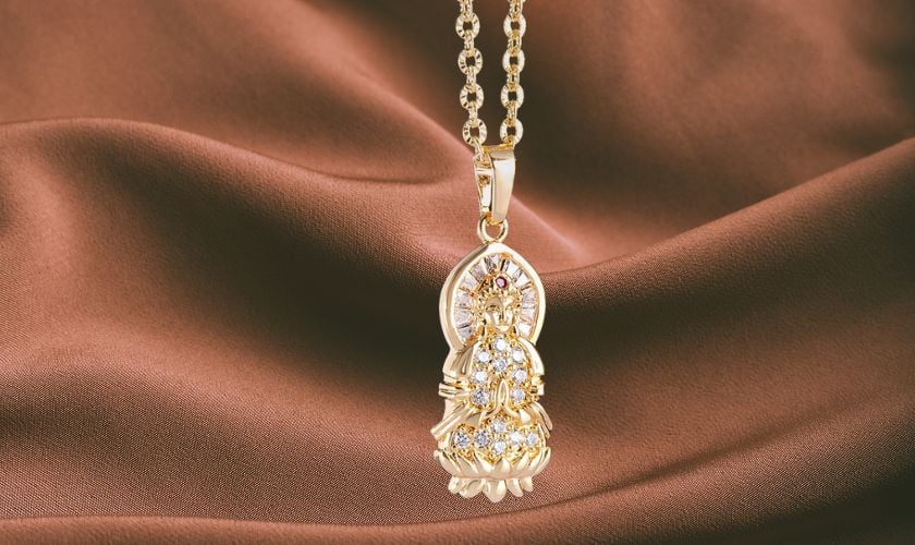 Mặt dây chuyền Phật Quan Âm bằng vàng 10K đính đá quý